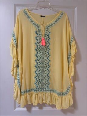 Yellow Embroidered Boho Tunic with Pink Tassel